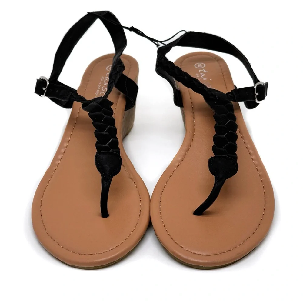 Twisted Riley T-strap Wedge Sandal Black Braided Thong Sandals Size 8
